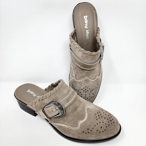 New Dirty Laundry Womens 9.5 Waltz Gray Taupe Suede Slip On Mules Western Buckle - Picture 1 of 15